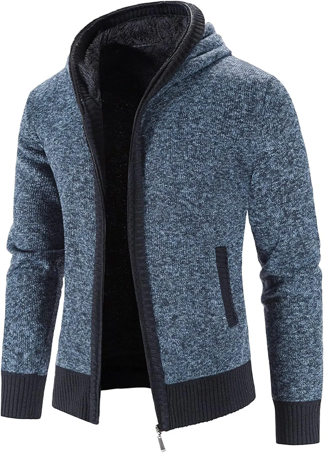 Mens Fleece Lined Cable Knit Cardigan Sweaters with Hood Slim Fit Zip Up Hooded Sweatshirts Casual Long Sleeve Jumper