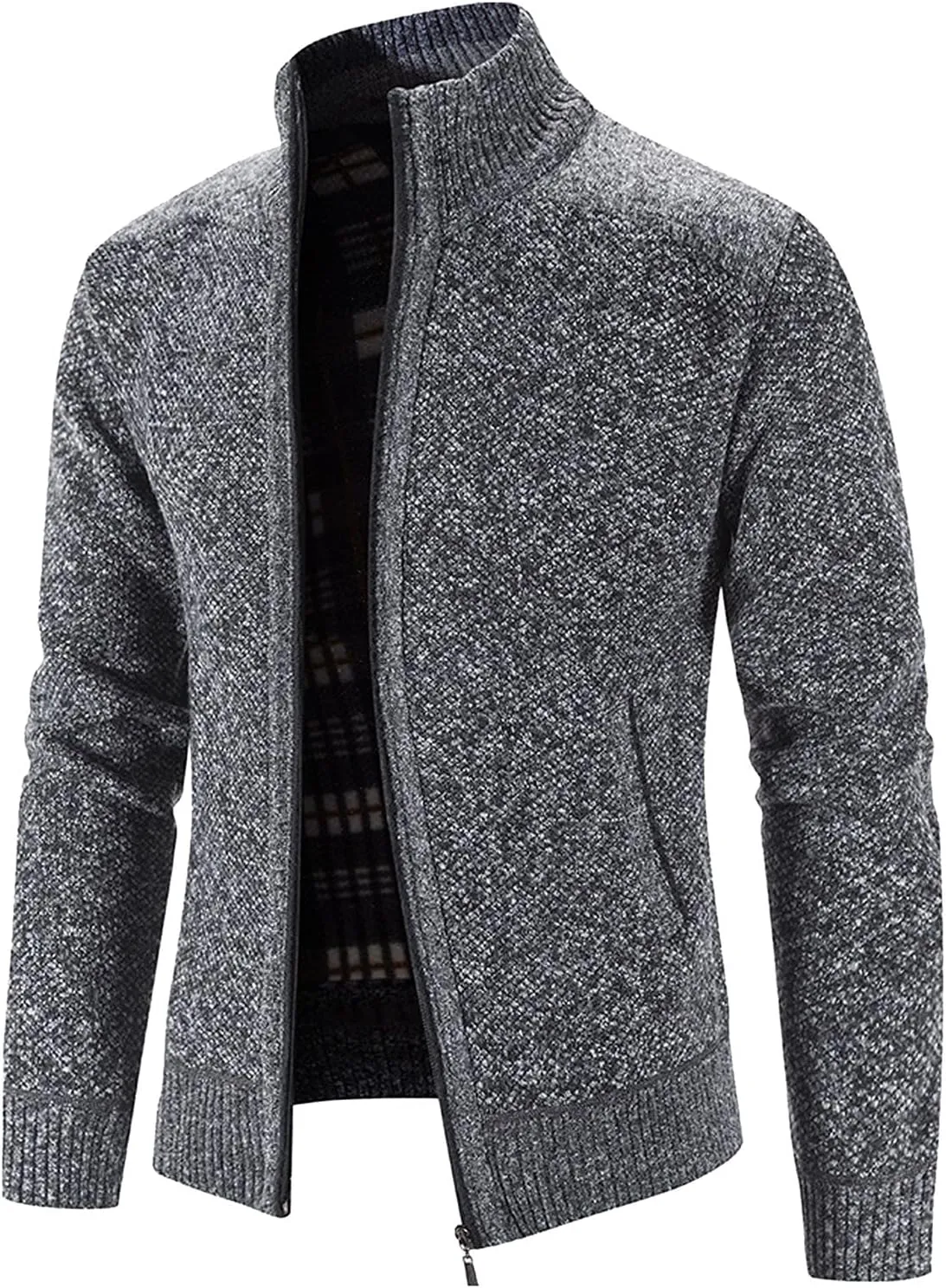 Men's Fleece Sweater Cardigan Jacket Full Zip Regular Fit Stand Collar Jackets Casual Business Plus Size Outwear with Pockets