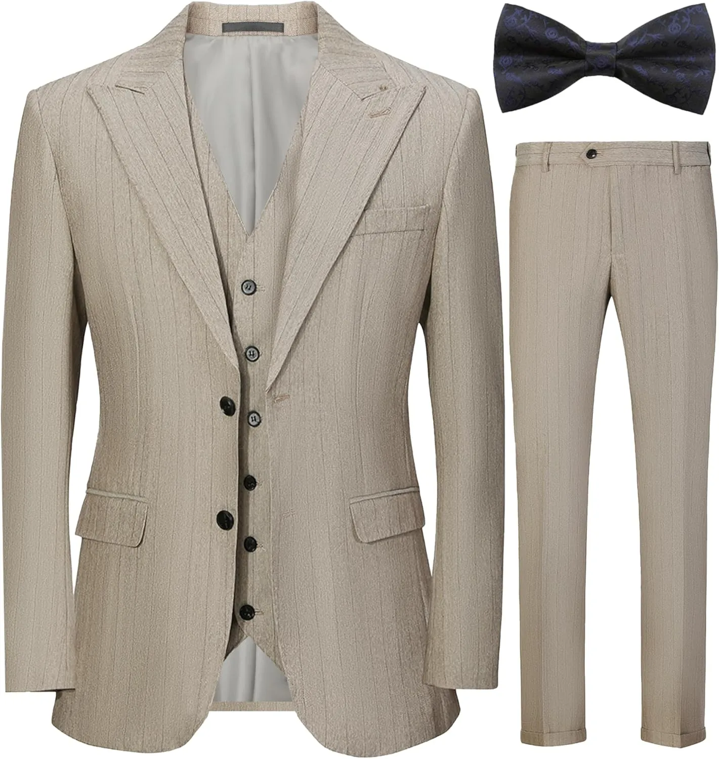 Mens Formal Suit Slim Fit 3 Pieces Sets Tuxedo Blazer Vest Pants Khaki Stripe Peaked Lapel Bow Tie Prom Party Wedding Business Size L