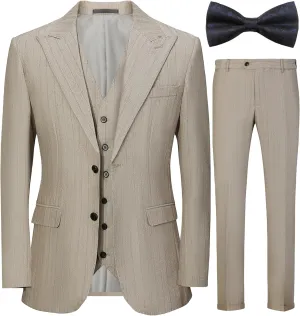 Mens Formal Suit Slim Fit 3 Pieces Sets Tuxedo Blazer Vest Pants Khaki Stripe Peaked Lapel Bow Tie Prom Party Wedding Business Size L