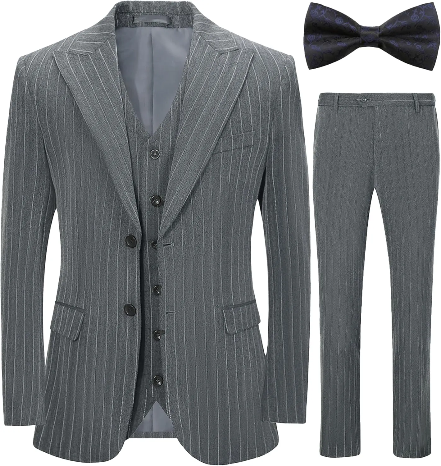 Mens Formal Suit Slim Fit 3 Pieces Sets Tuxedo Blazer Vest Pants Light Grey Stripe Peaked Lapel Bow Tie Prom Party Wedding Business Size M
