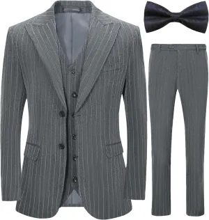 Mens Formal Suit Slim Fit 3 Pieces Sets Tuxedo Blazer Vest Pants Light Grey Stripe Peaked Lapel Bow Tie Prom Party Wedding Business Size M