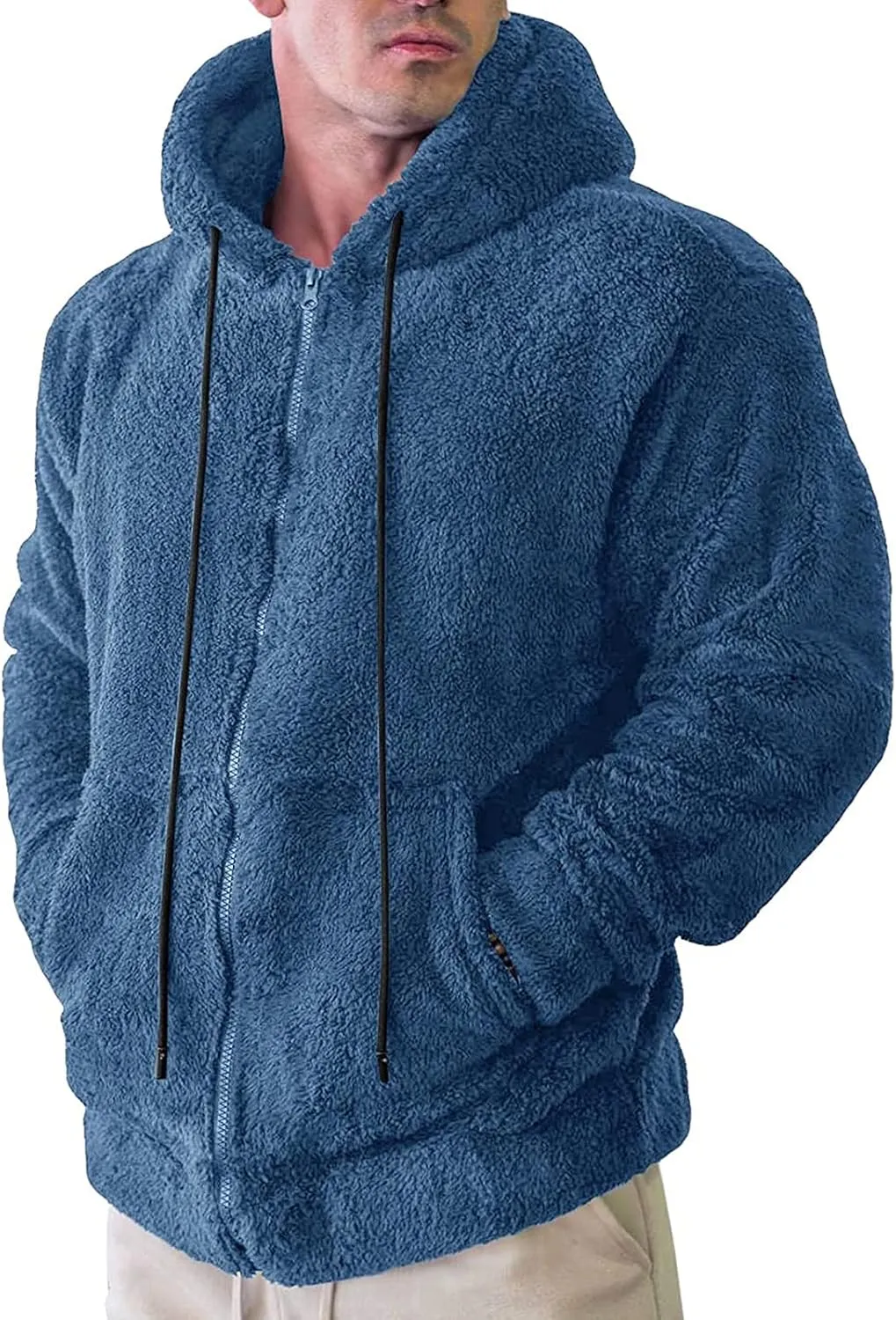 Mens Fuzzy Sherpa Pullover Hoodie Sweatshirts Long Sleeve Fluffy Fleece Zip up Cardigan Coats Winter Sweatshirt