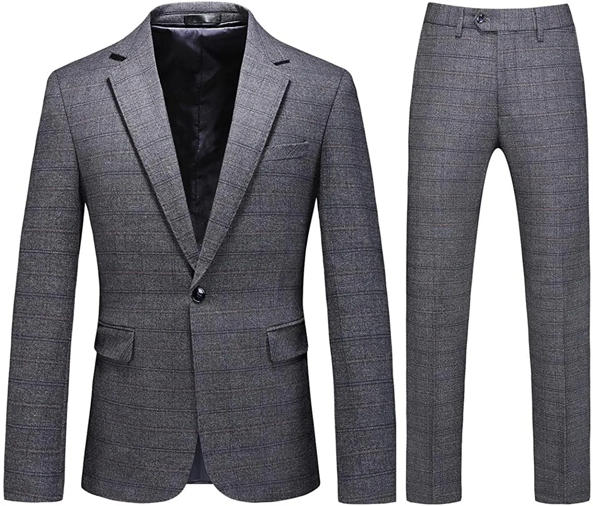 Men's Grey Plaid Tweed Slim Fit One Button Suit
