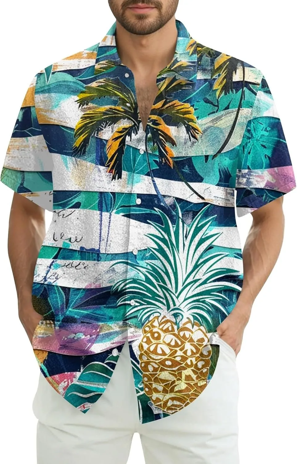 Mens Hawaiian Shirt Button Down Short Sleeve Beach Shirts Floral Tropical Print 2025 Summer Tshirt Lapel Collared Tops
