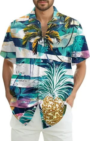 Mens Hawaiian Shirt Button Down Short Sleeve Beach Shirts Floral Tropical Print 2025 Summer Tshirt Lapel Collared Tops