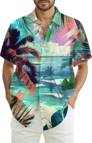 Men's Hawaiian Shirt Short Sleeves Floral Palm Tree Printed Button Down Summer Beach Bowling Dress Shirts