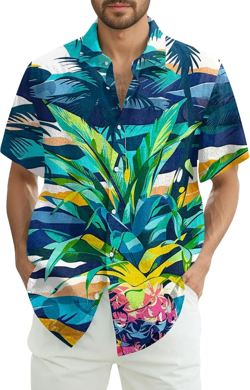 Men's Hawaiian Shirt Short Sleeves Floral Palm Tree Printed Button Down Summer Beach Bowling Dress Shirts