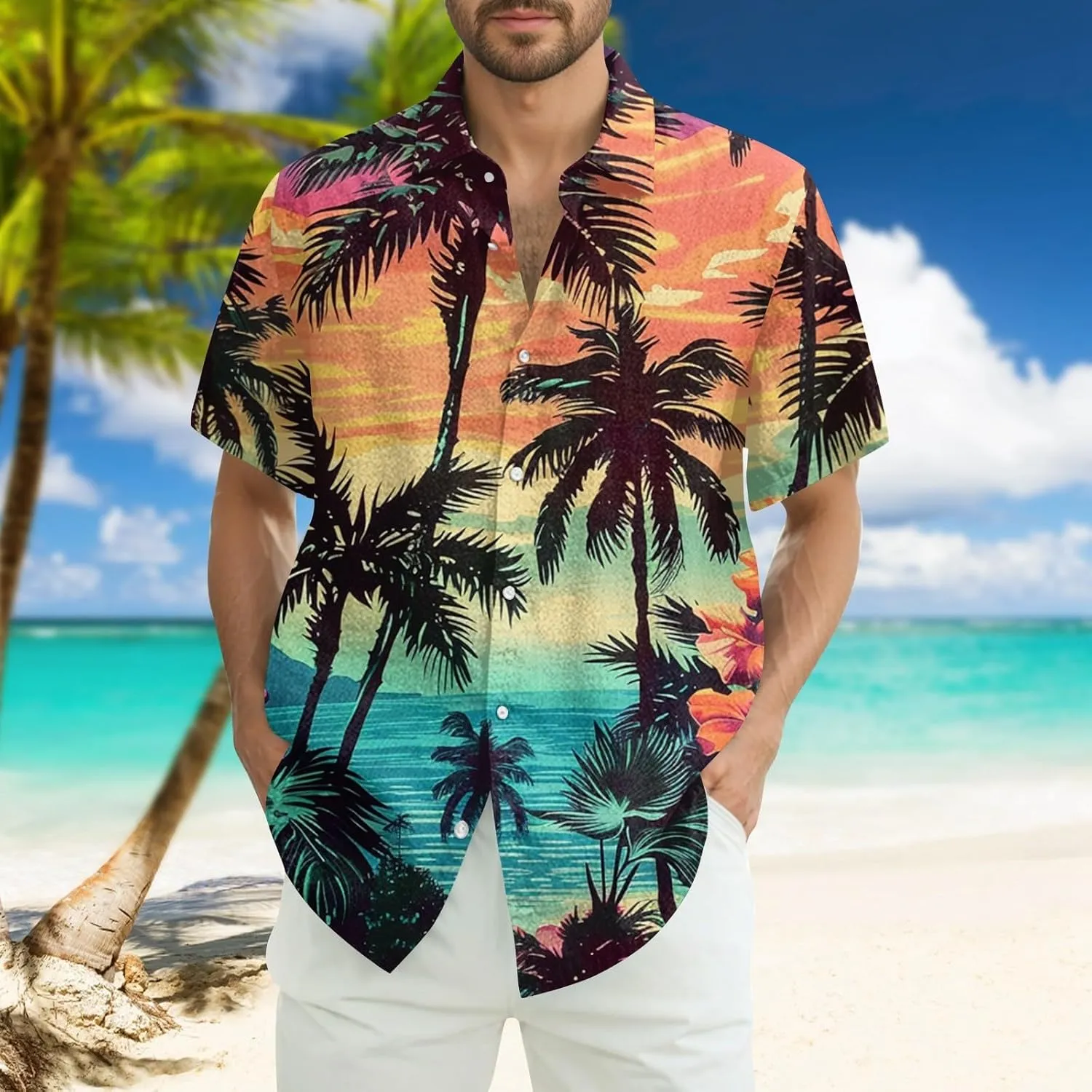 Men's Hawaiian Shirt Short Sleeves Floral Palm Tree Printed Button Down Summer Beach Bowling Dress Shirts