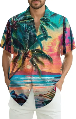 Men's Hawaiian Shirt Short Sleeves Floral Palm Tree Printed Button Down Summer Beach Bowling Dress Shirts