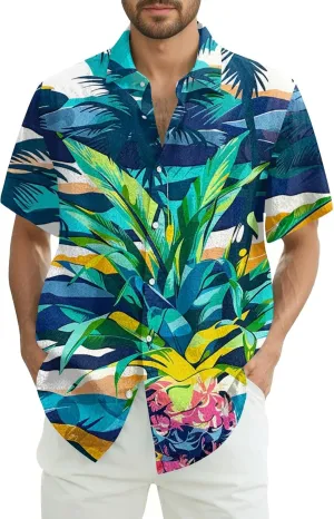 Men's Hawaiian Shirt Short Sleeves Floral Palm Tree Printed Button Down Summer Beach Bowling Dress Shirts