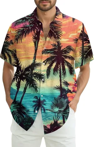 Men's Hawaiian Shirt Short Sleeves Floral Palm Tree Printed Button Down Summer Beach Bowling Dress Shirts
