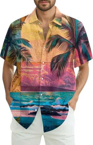Men's Hawaiian Shirt Short Sleeves Floral Palm Tree Printed Button Down Summer Beach Bowling Dress Shirts