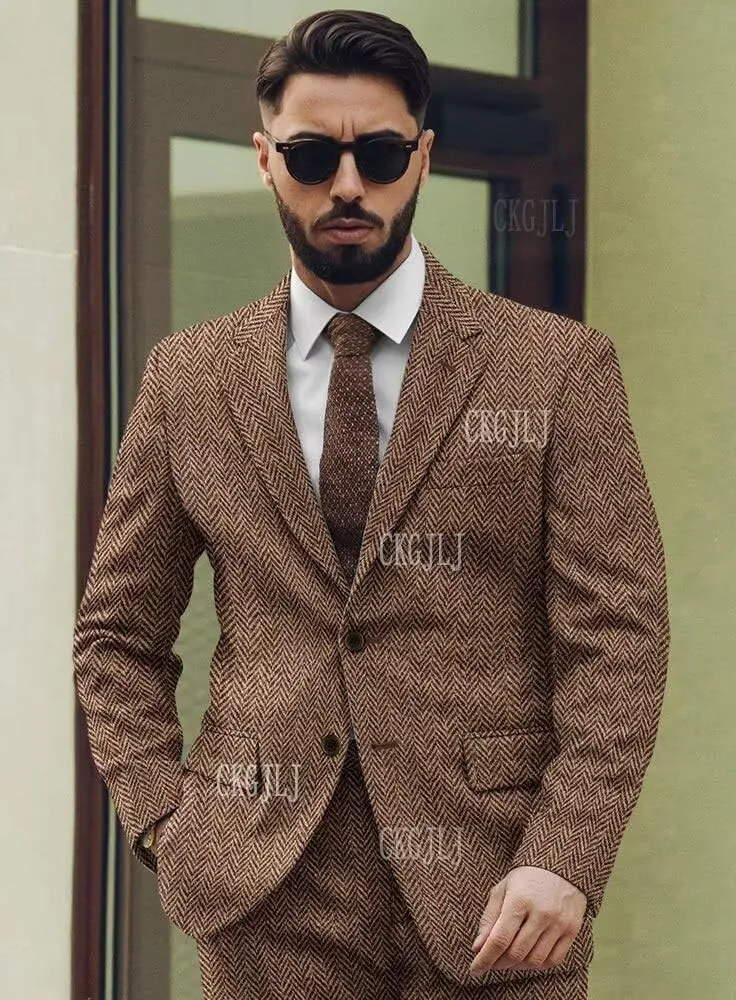Mens Herringbone Tweed Blazer Men Vintage Suit Jacket Men Casual 2 Button Notch Lapel Prom Wool Blend Sports Coat