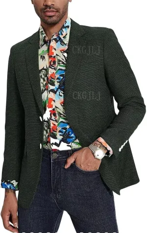Mens Herringbone Tweed Blazer Men Vintage Suit Jacket Men Casual 2 Button Notch Lapel Prom Wool Blend Sports Coat
