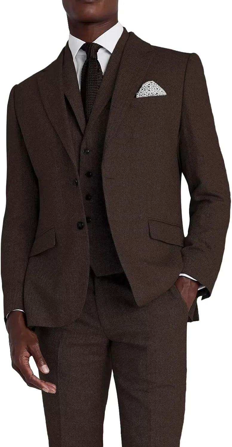 Men's Herringbone Tweed Suits for Men Wedding Suits Slim Fit 3 Piece Formal Business Suit
