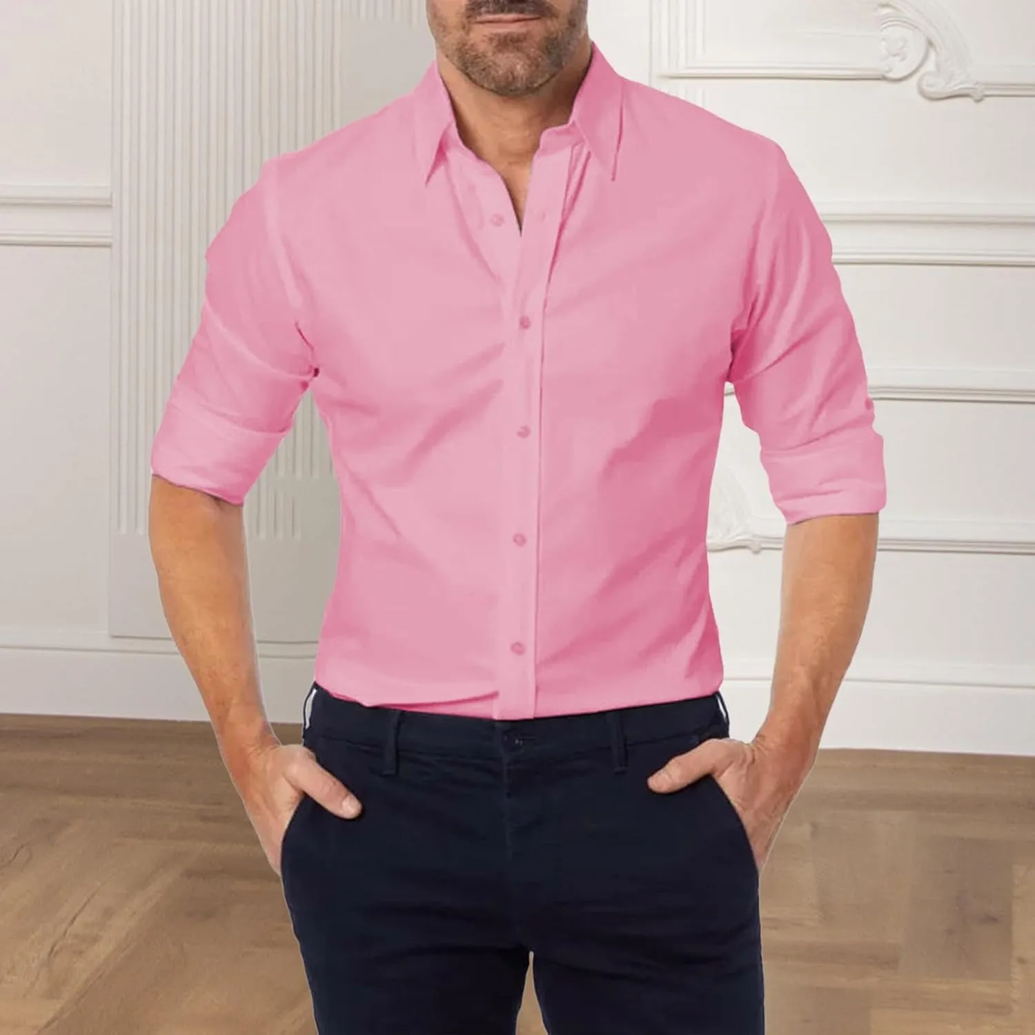 Mens Hidden Zipper Dress Shirt Long Sleeve Faux Button Slim Fit Wrinkle Resistant Suit Shirt Office Wedding Formal Top