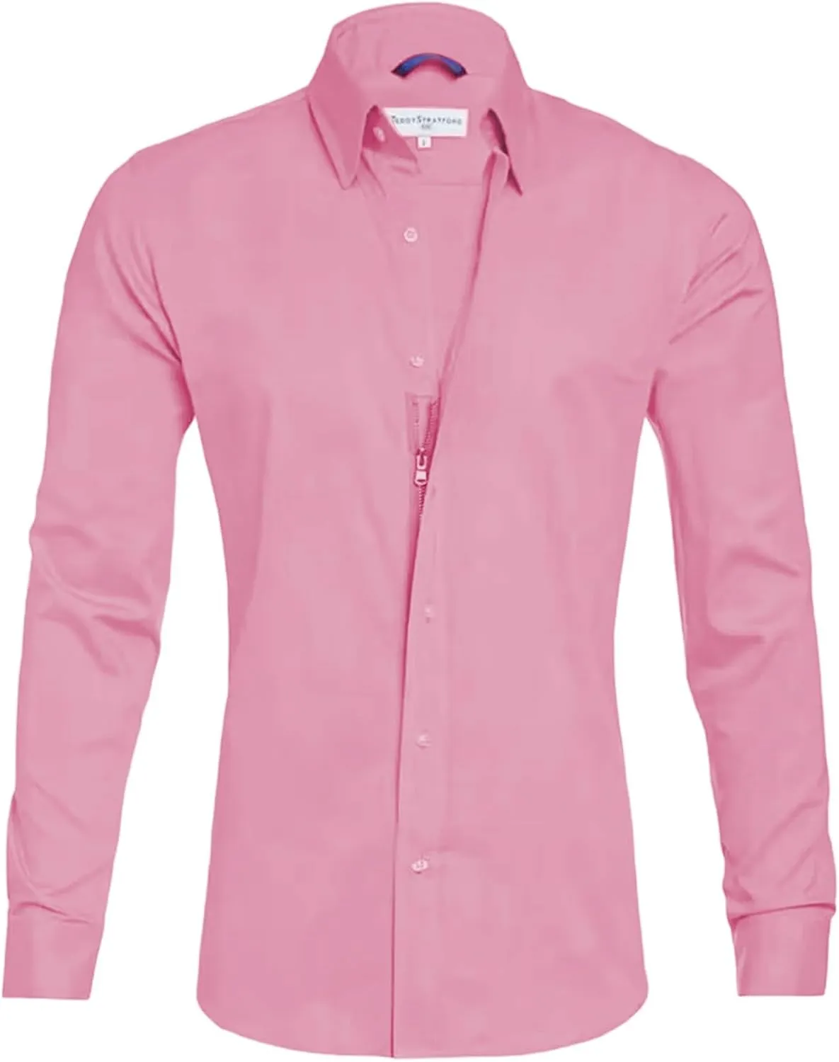 Mens Hidden Zipper Dress Shirt Long Sleeve Faux Button Slim Fit Wrinkle Resistant Suit Shirt Office Wedding Formal Top