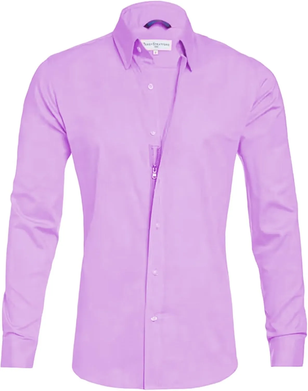 Mens Hidden Zipper Dress Shirt Long Sleeve Faux Button Slim Fit Wrinkle Resistant Suit Shirt Office Wedding Formal Top