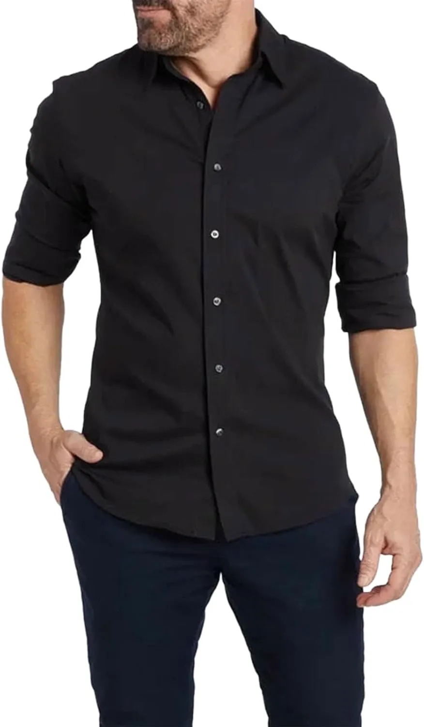 Mens Hidden Zipper Dress Shirt Long Sleeve Faux Button Slim Fit Wrinkle Resistant Suit Shirt Office Wedding Formal Top