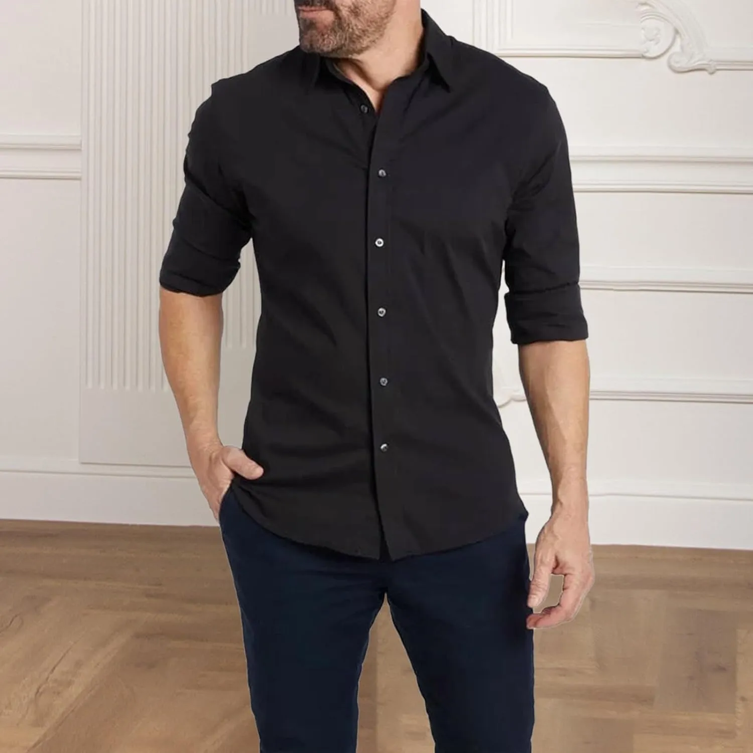 Mens Hidden Zipper Dress Shirt Long Sleeve Faux Button Slim Fit Wrinkle Resistant Suit Shirt Office Wedding Formal Top