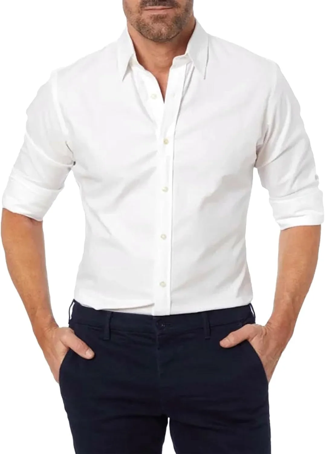 Mens Hidden Zipper Dress Shirt Long Sleeve Faux Button Slim Fit Wrinkle Resistant Suit Shirt Office Wedding Formal Top