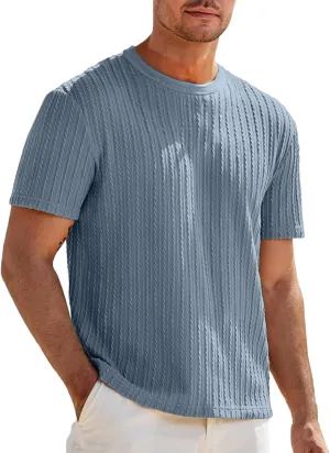 Mens Knit Striped T Shirts Short Sleeve Crewneck Stretch Ribbed Textured Shirts Casual Summer Athletic Solid Tee Tops