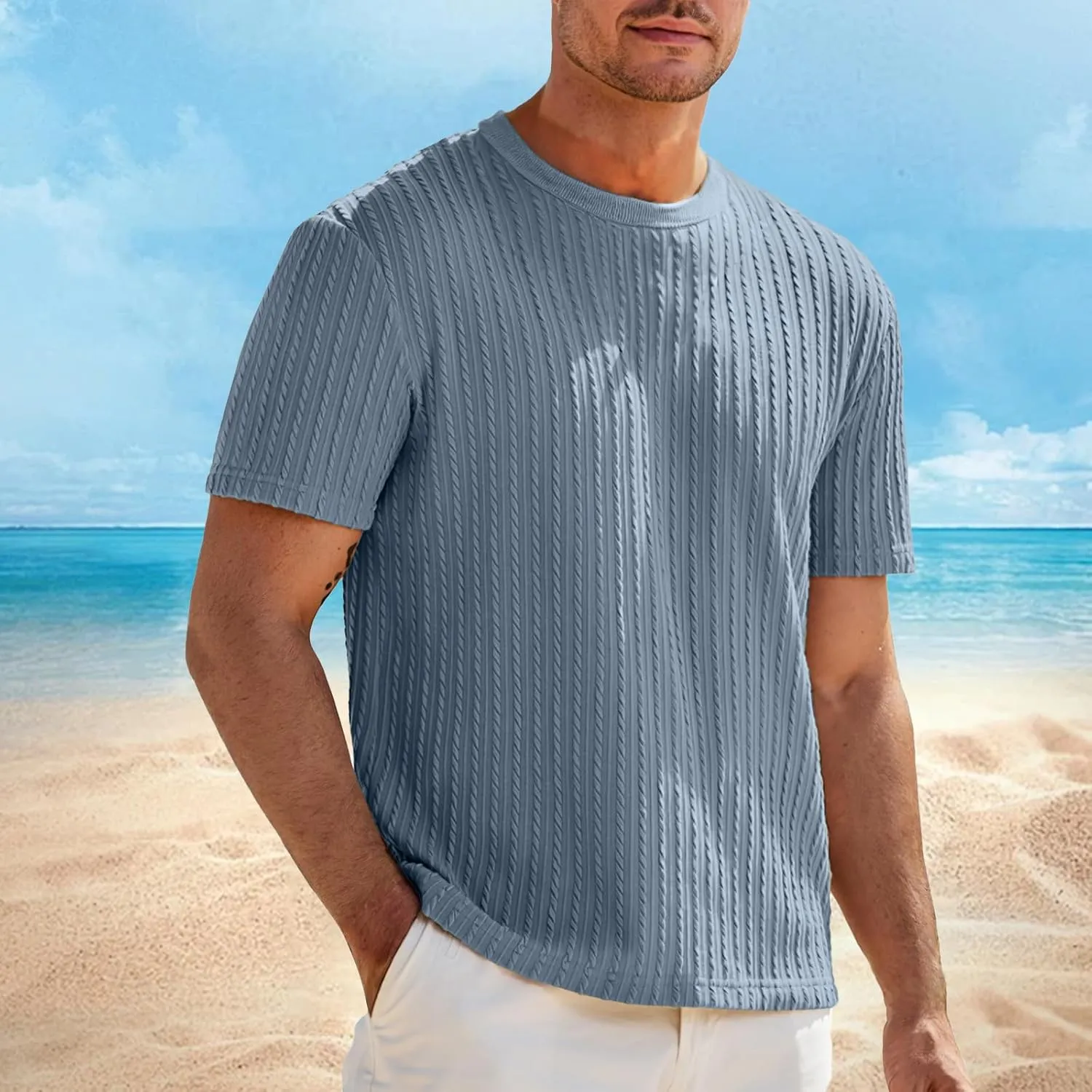 Mens Knit Striped T Shirts Short Sleeve Crewneck Stretch Ribbed Textured Shirts Casual Summer Athletic Solid Tee Tops