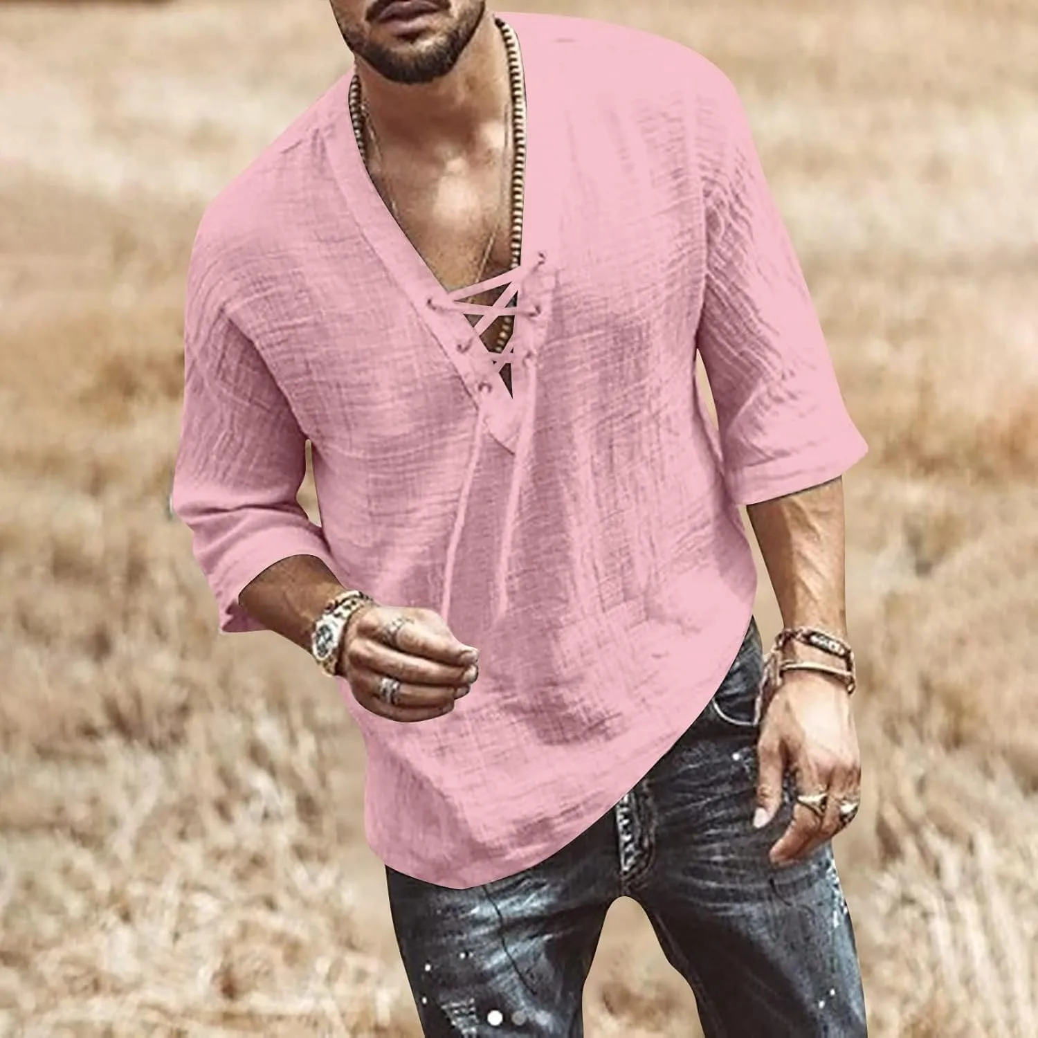 Mens Lace Up Drawstring Hippie Long Sleeve T Shirts Fashion Beach V-Neck Yoga Summer Top Solid Cotton Linen Shirts