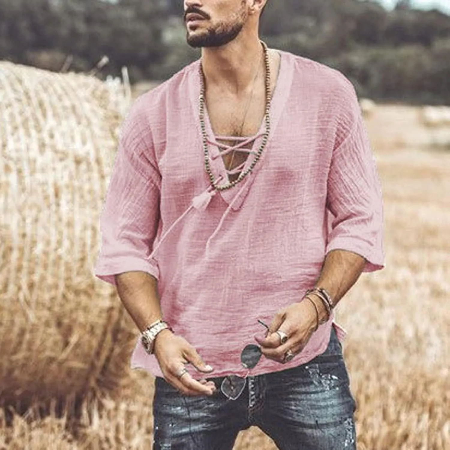 Mens Lace Up Drawstring Hippie Long Sleeve T Shirts Fashion Beach V-Neck Yoga Summer Top Solid Cotton Linen Shirts