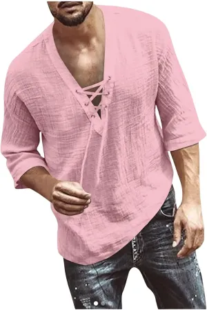 Mens Lace Up Drawstring Hippie Long Sleeve T Shirts Fashion Beach V-Neck Yoga Summer Top Solid Cotton Linen Shirts