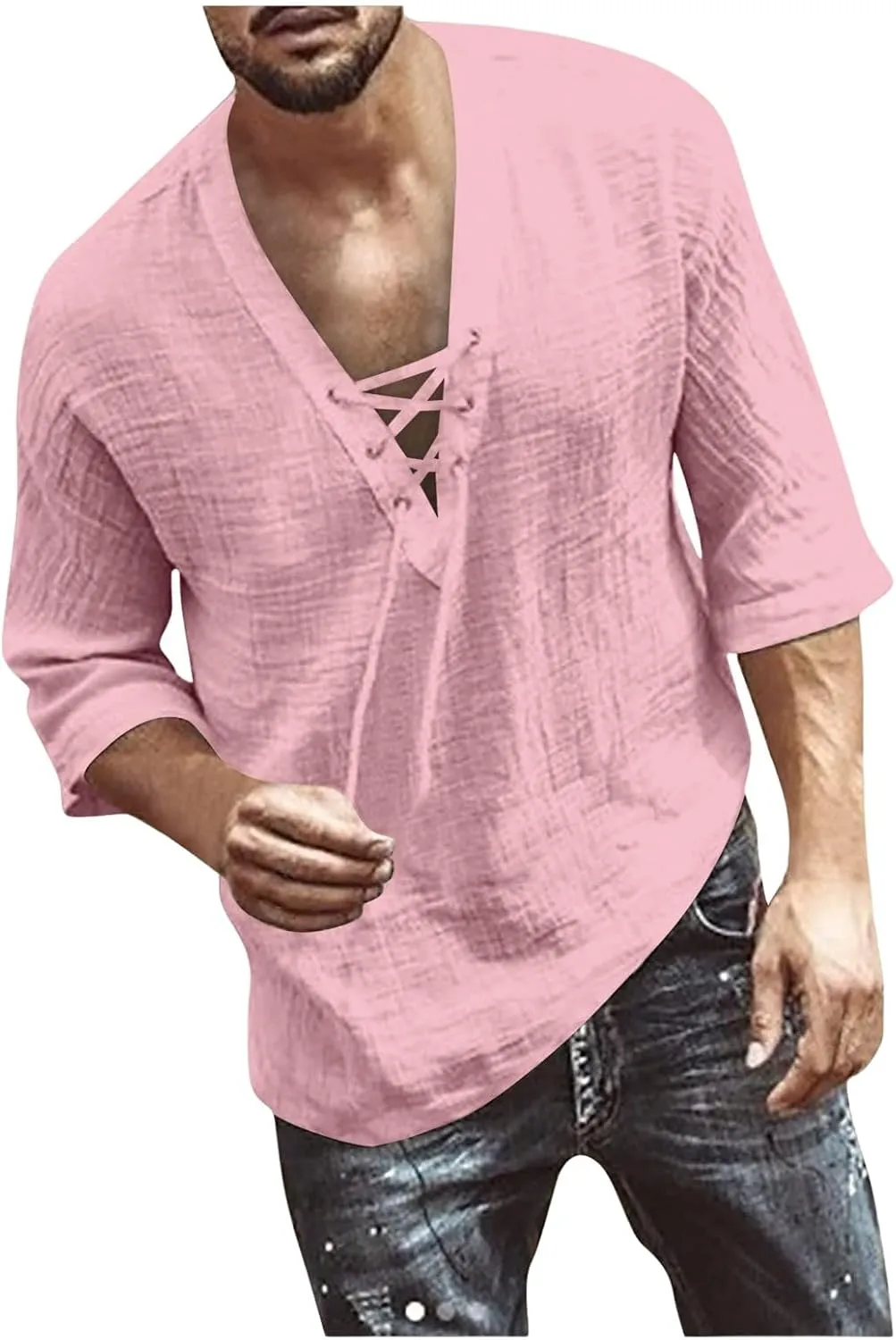Mens Lace Up Drawstring Hippie Long Sleeve T Shirts Fashion Beach V-Neck Yoga Summer Top Solid Cotton Linen Shirts