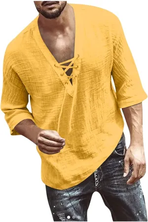 Mens Lace Up Drawstring Hippie Long Sleeve T Shirts Fashion Beach V-Neck Yoga Summer Top Solid Cotton Linen Shirts