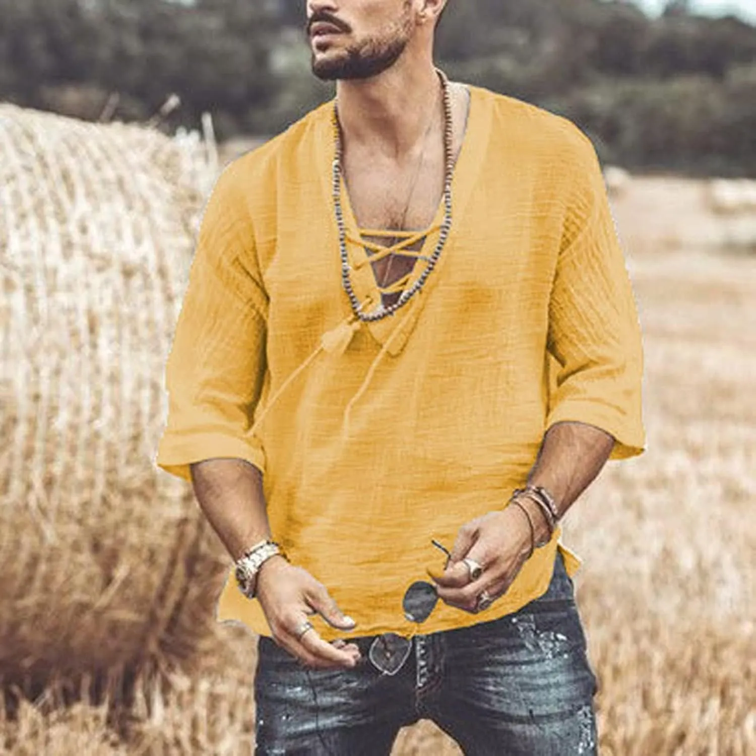 Mens Lace Up Drawstring Hippie Long Sleeve T Shirts Fashion Beach V-Neck Yoga Summer Top Solid Cotton Linen Shirts