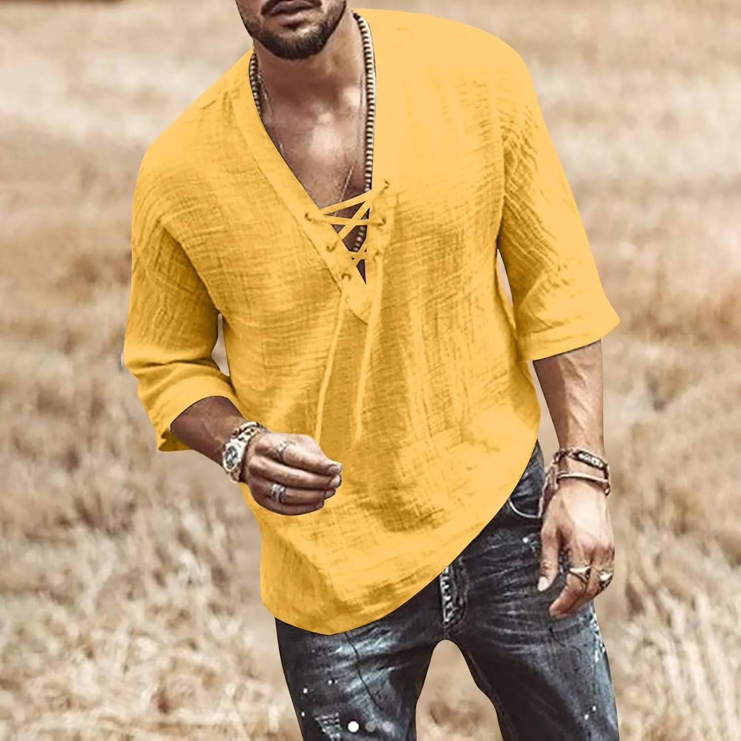 Mens Lace Up Drawstring Hippie Long Sleeve T Shirts Fashion Beach V-Neck Yoga Summer Top Solid Cotton Linen Shirts