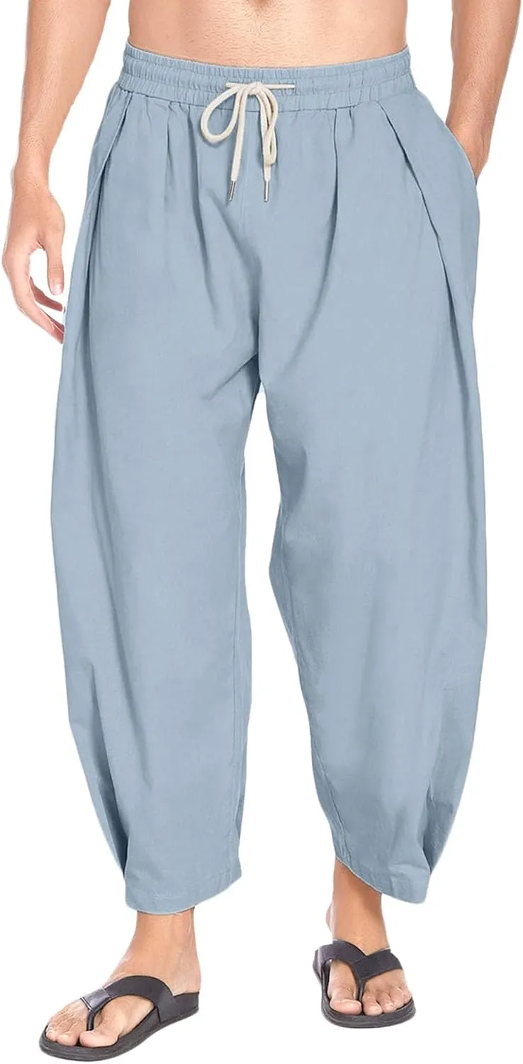 Men's Lightweight Linen Lounge Lantern Pants Classic Jogger Yoga Loose Chinos Casual Elastic Waist Trousers