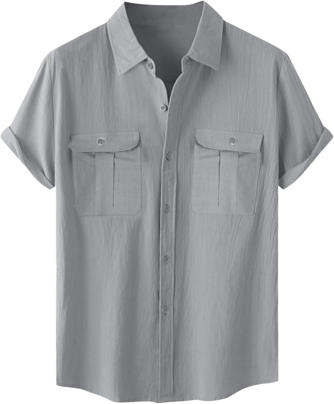 Mens Linen Button Down Shirt Short Sleeve Casual Stylish Beach Shirts Loose Solid Basic Collared Shirt with Pockets