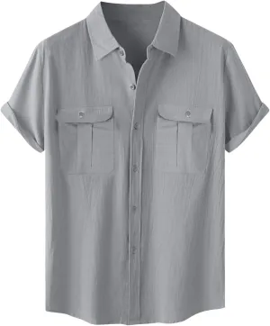 Mens Linen Button Down Shirt Short Sleeve Casual Stylish Beach Shirts Loose Solid Basic Collared Shirt with Pockets