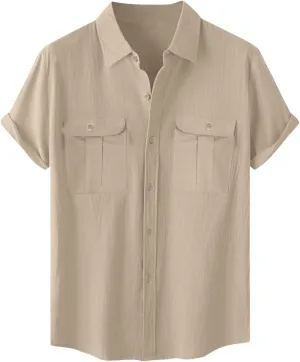 Mens Linen Button Down Shirt Short Sleeve Casual Stylish Beach Shirts Loose Solid Basic Collared Shirt with Pockets