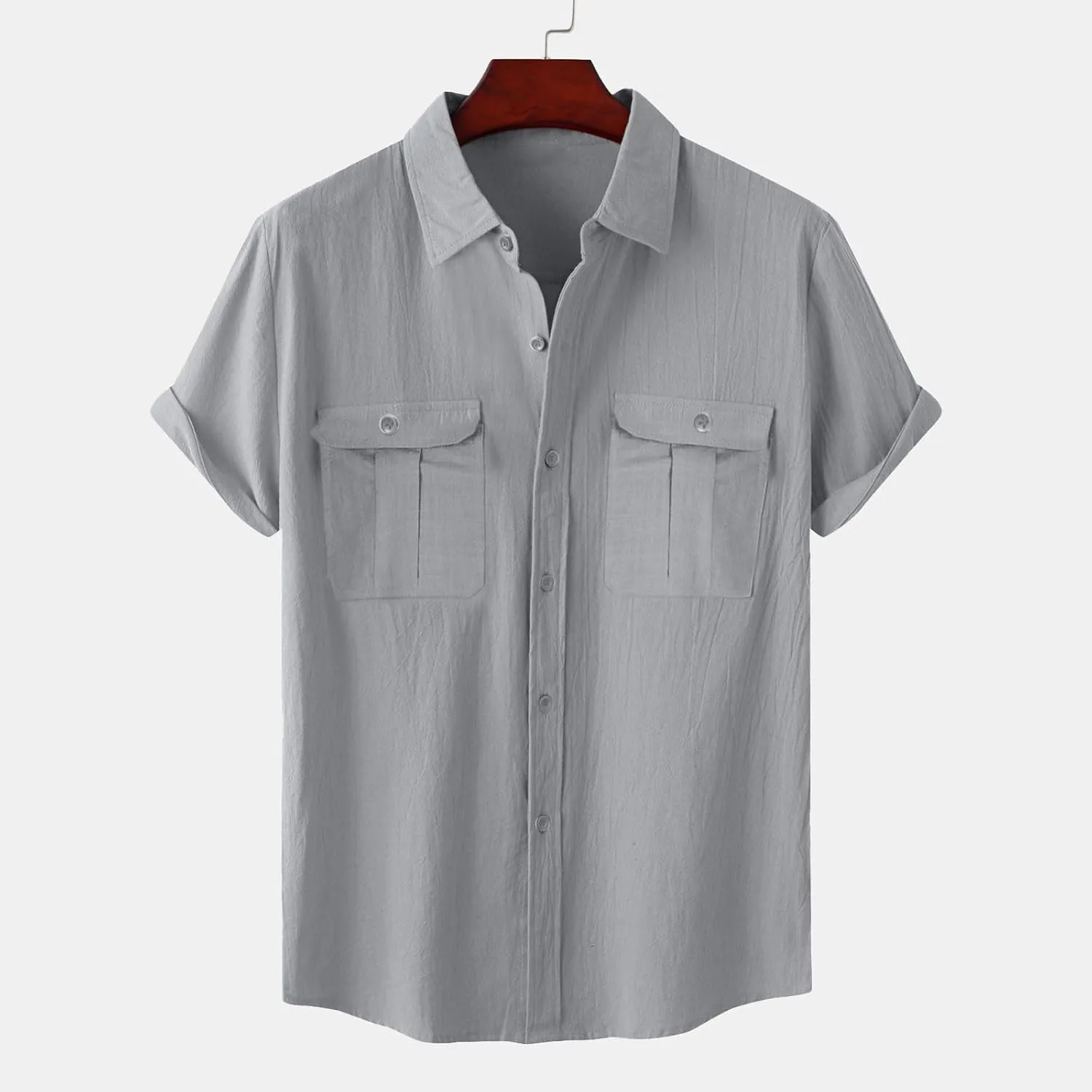 Mens Linen Button Down Shirt Short Sleeve Casual Stylish Beach Shirts Loose Solid Basic Collared Shirt with Pockets