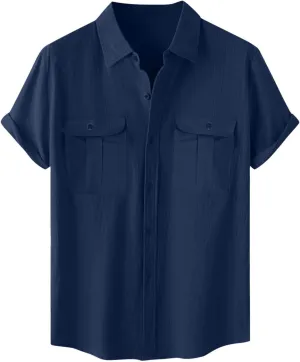 Mens Linen Button Down Shirt Short Sleeve Casual Stylish Beach Shirts Loose Solid Basic Collared Shirt with Pockets