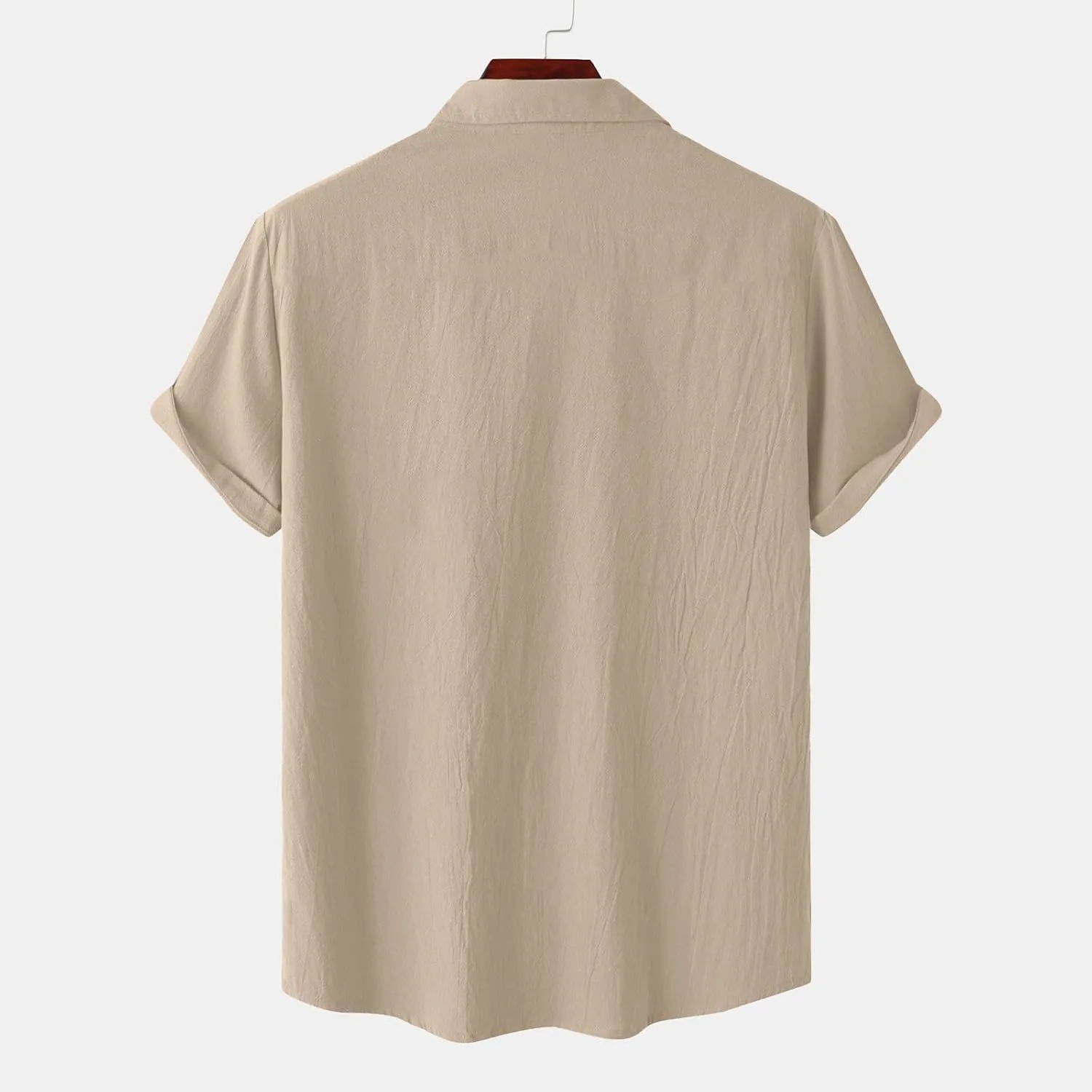 Mens Linen Button Down Shirt Short Sleeve Casual Stylish Beach Shirts Loose Solid Basic Collared Shirt with Pockets