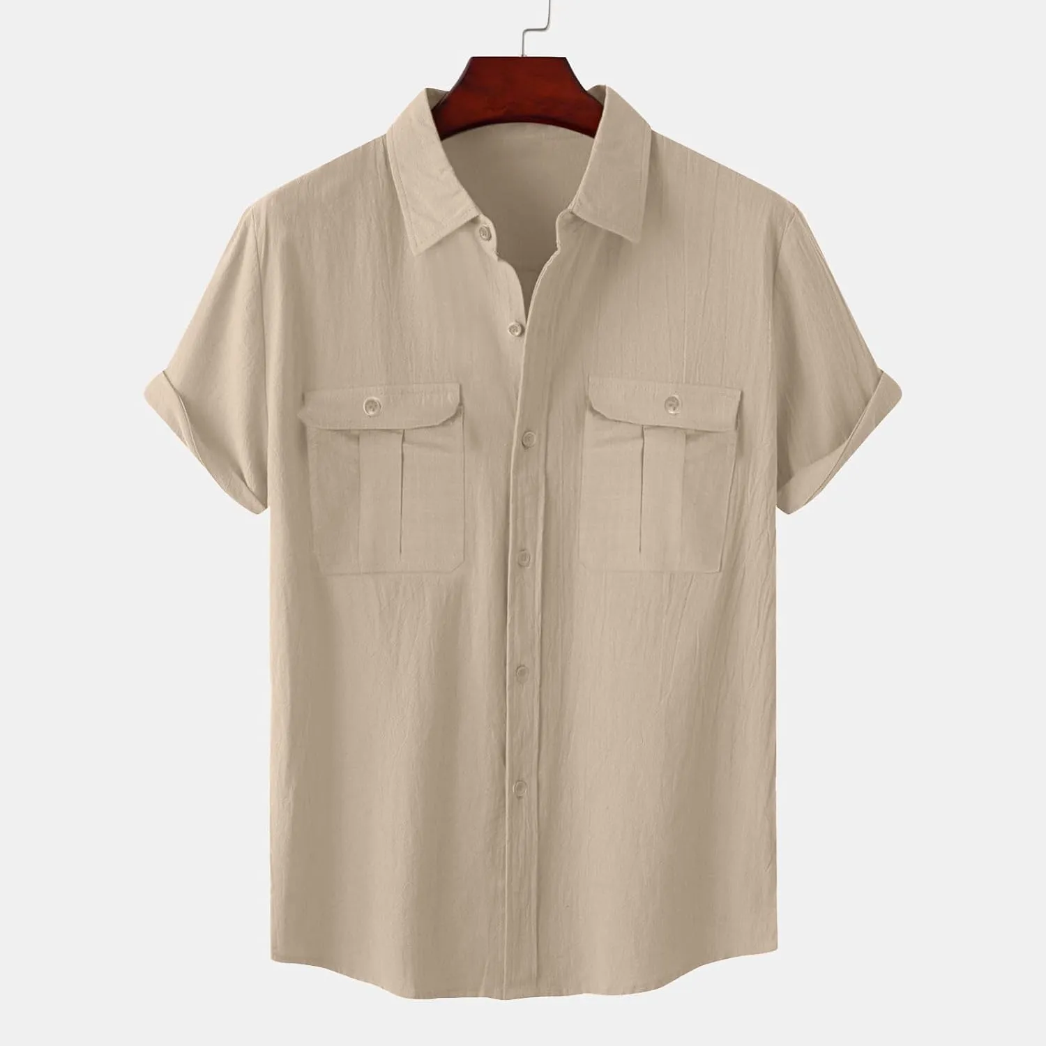 Mens Linen Button Down Shirt Short Sleeve Casual Stylish Beach Shirts Loose Solid Basic Collared Shirt with Pockets