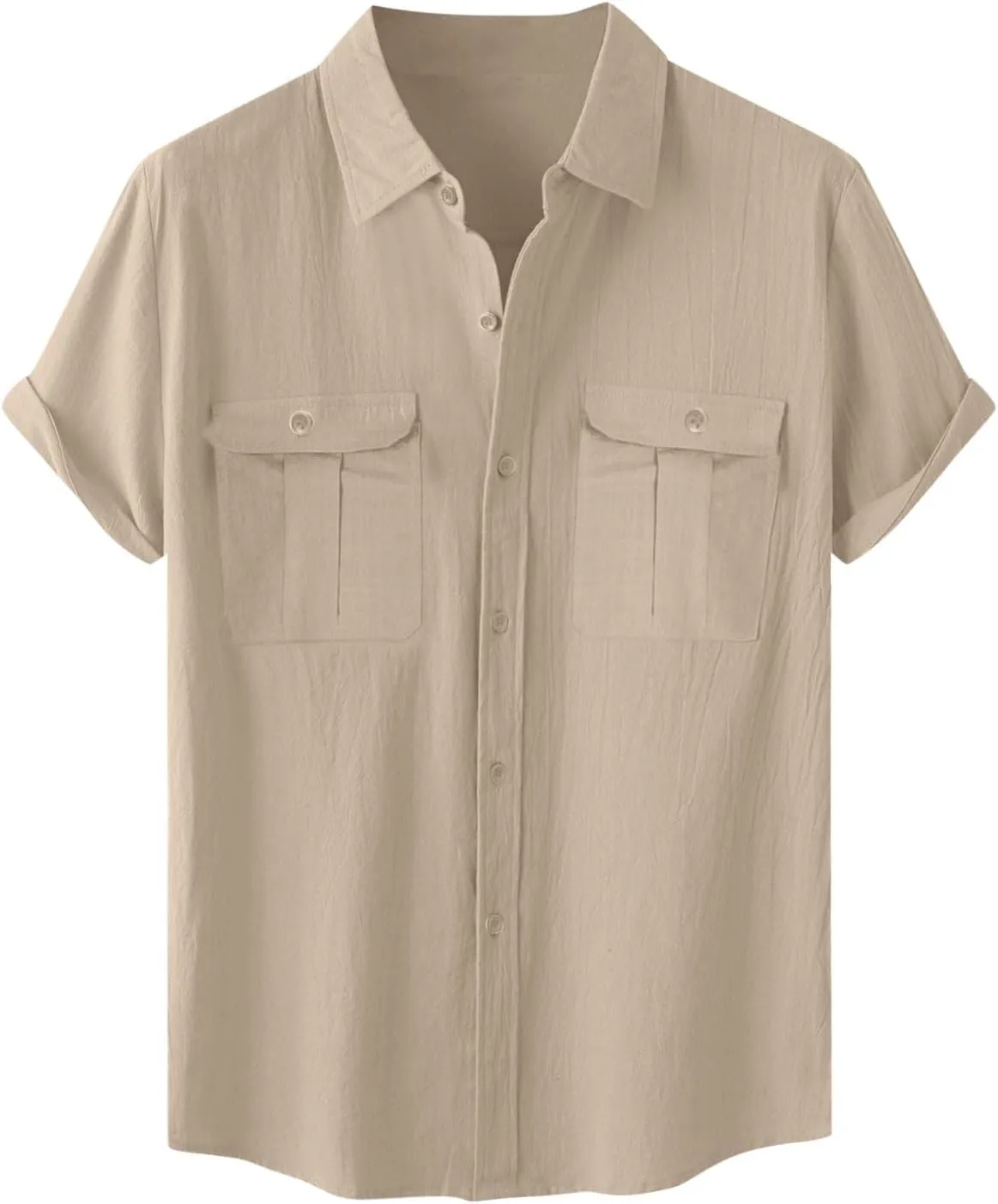 Mens Linen Button Down Shirt Short Sleeve Casual Stylish Beach Shirts Loose Solid Basic Collared Shirt with Pockets