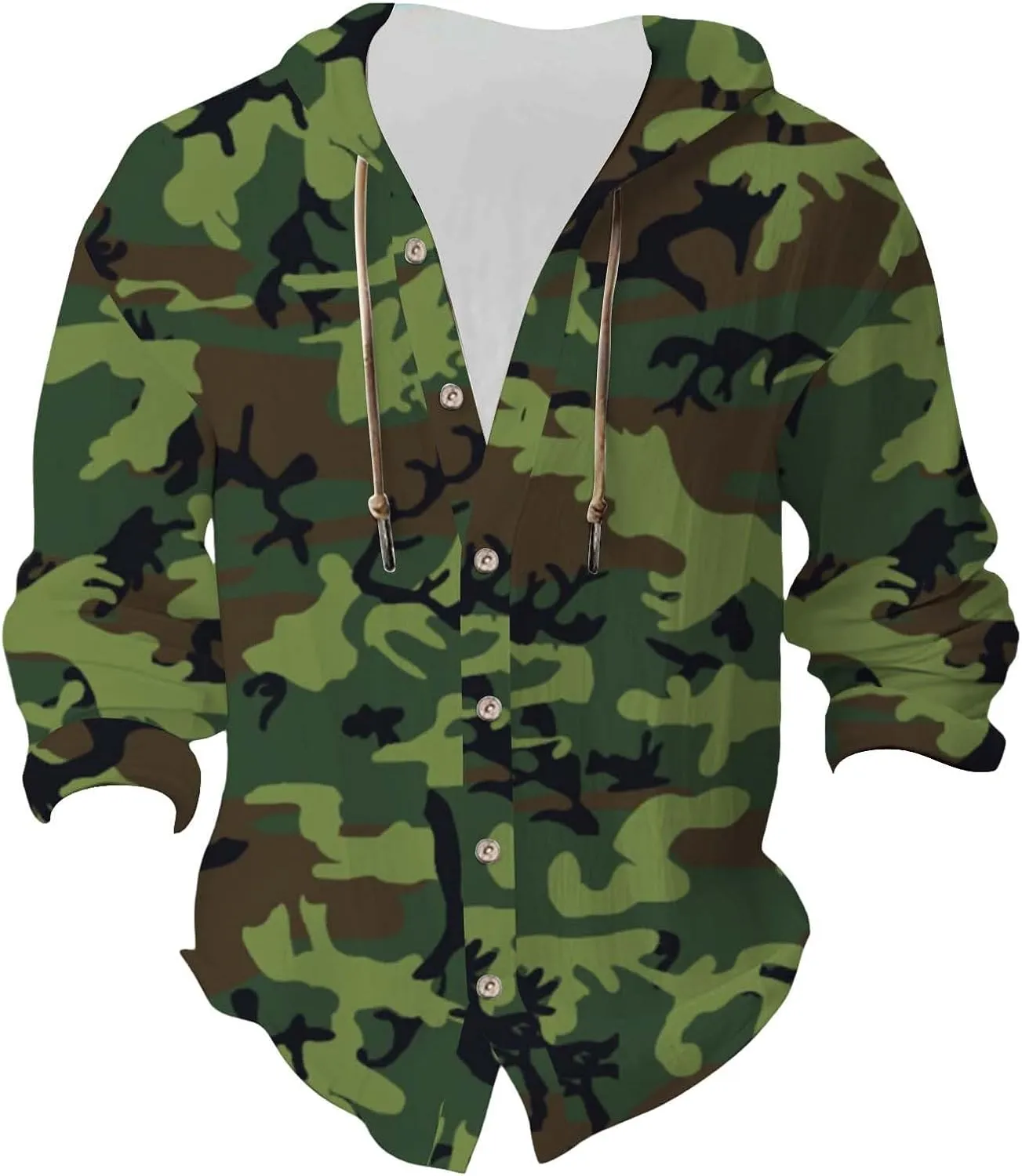 Mens Linen Camo Hooded Shirt Fashion Long Sleeve Button Down Hoodies Hawaiian Vacation Beach Yoga Hippie Shirts Top