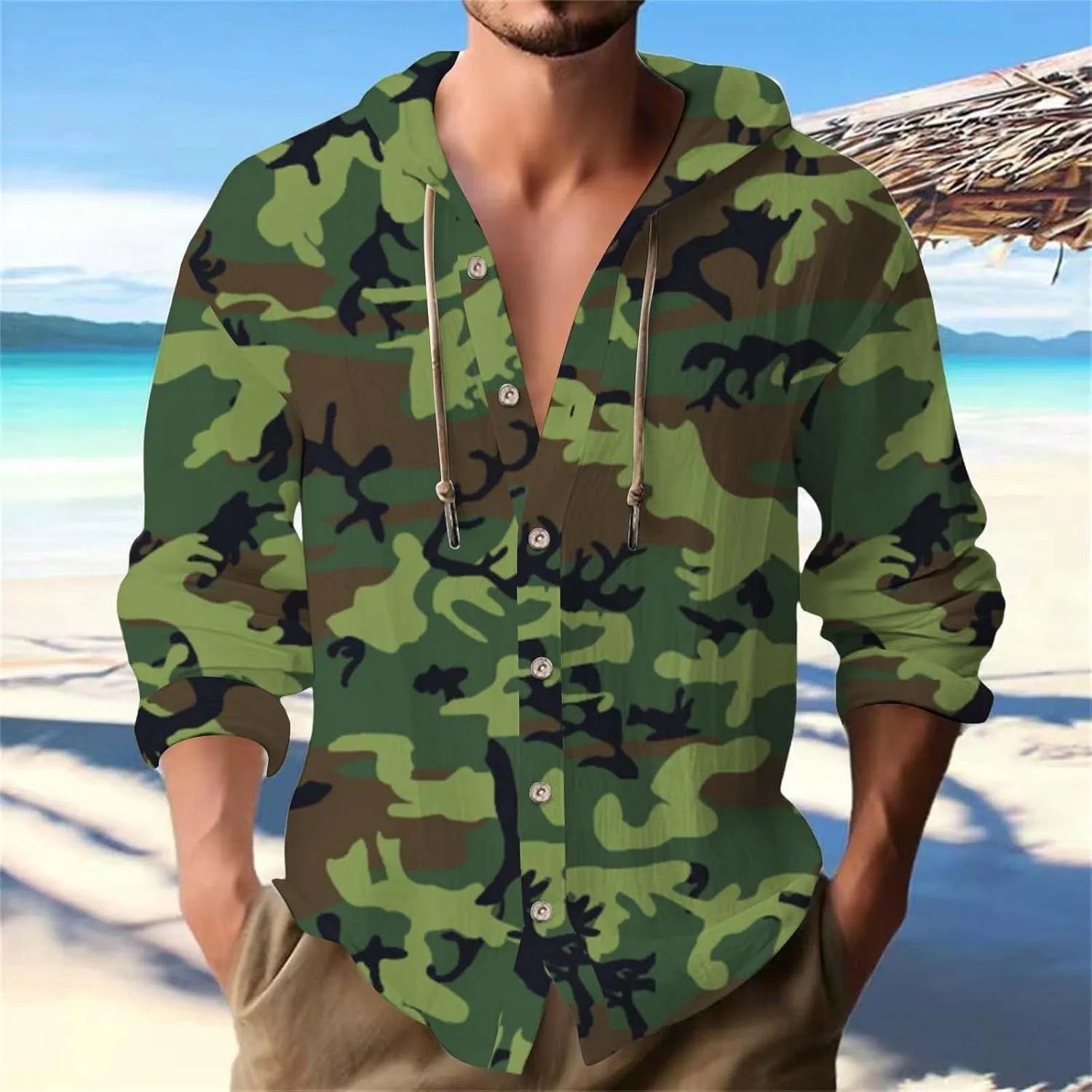 Mens Linen Camo Hooded Shirt Fashion Long Sleeve Button Down Hoodies Hawaiian Vacation Beach Yoga Hippie Shirts Top