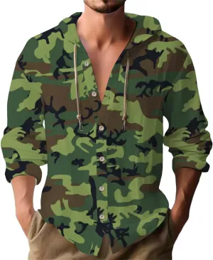 Mens Linen Camo Hooded Shirt Fashion Long Sleeve Button Down Hoodies Hawaiian Vacation Beach Yoga Hippie Shirts Top