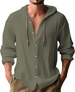 Men's Linen Hooded Shirts Casual Button Down Long Sleeve Hoodies Solid Spread Collar Summer Beach Shirt Tops