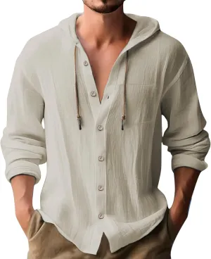 Men's Linen Hooded Shirts Casual Button Down Long Sleeve Hoodies Solid Spread Collar Summer Beach Shirt Tops