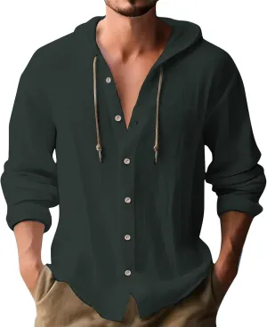 Men's Linen Hooded Shirts Casual Button Down Long Sleeve Hoodies Solid Spread Collar Summer Beach Shirt Tops